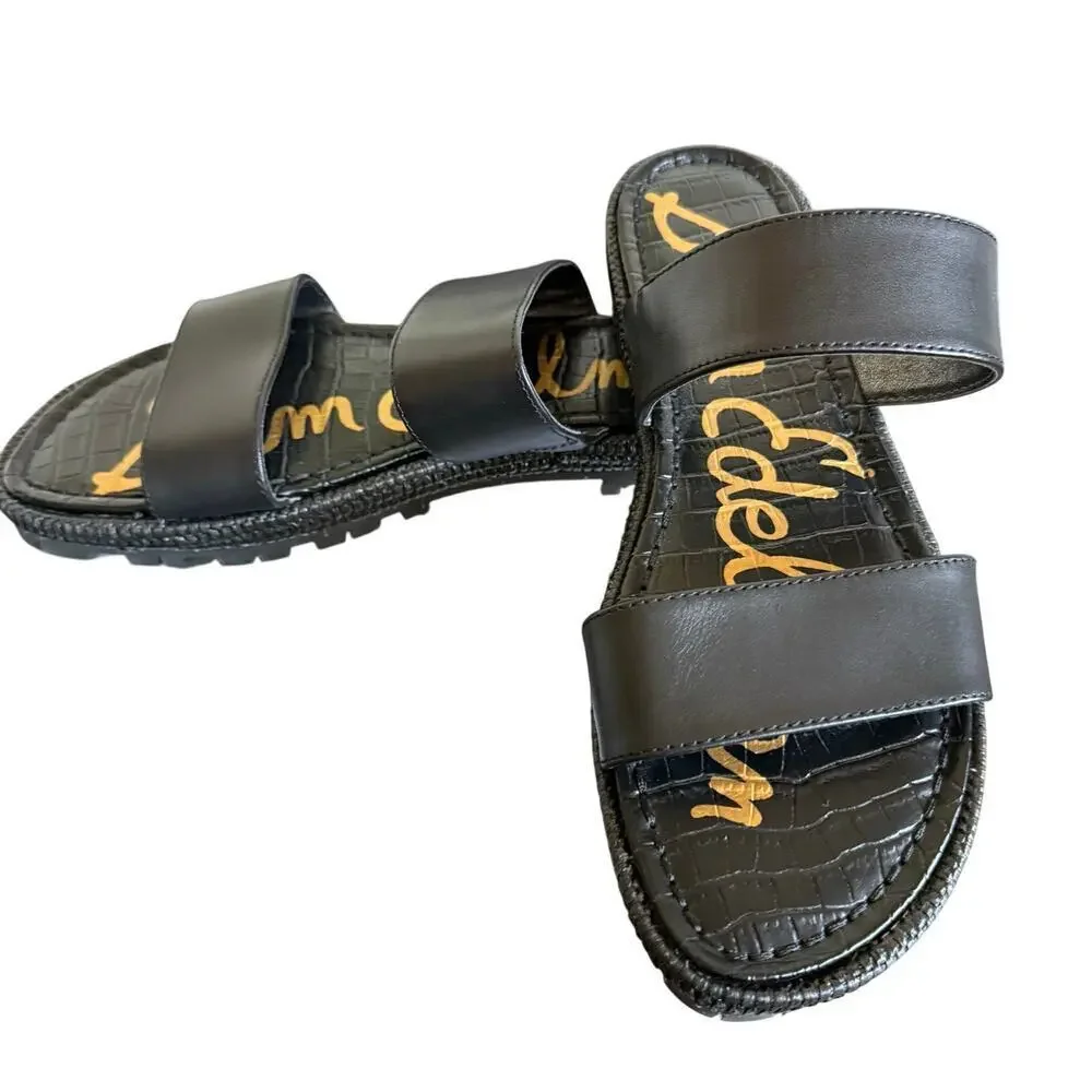 Sam Edelman Black Leather Lug Platform Sandals Size 7.5 Vacation Beach Classic